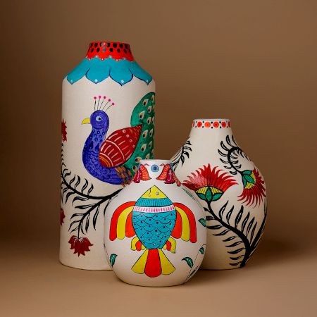 Handcrafted Ceramic Madhubani Painted Decorative Vase Set of 3